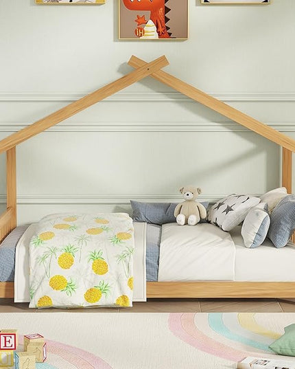 Montessori Floor Bed Frame Twin Size, Twin Floor Bed with Headboard and Footboard, Low House Bed for Girls, Kids, Boys, No Box Spring Needed, Natural Montessori Bed Twin Size - LeafyLoom