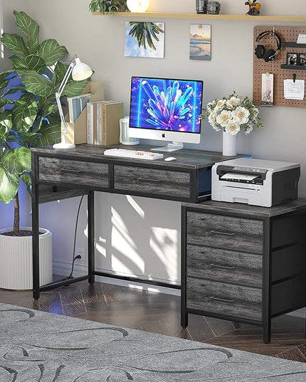 Computer Desk with 5 Drawers, Reversible Office Desk with Power Outlets and USB Charging Ports, Sturdy Writing Table with File Cabinet Printer Stand, PC Desk for Small Spaces, Black Oak - LeafyLoom