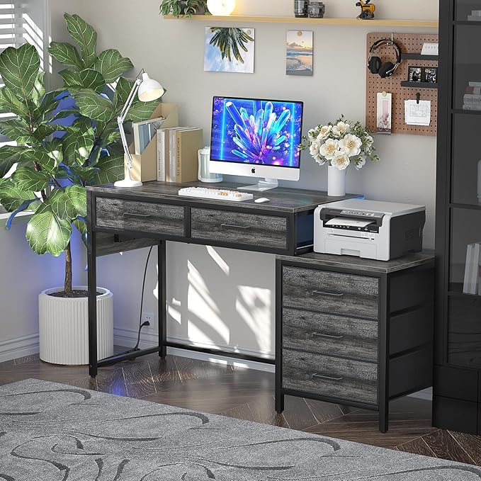 Computer Desk with 5 Drawers, Reversible Office Desk with Power Outlets and USB Charging Ports, Sturdy Writing Table with File Cabinet Printer Stand, PC Desk for Small Spaces, Black Oak - LeafyLoom
