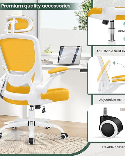 KERDOM Ergonomic Office Chair, Breathable Mesh Desk Chair, Lumbar Support Computer Chair with Headrest and Flip-up Arms, Swivel Task Chair, Adjustable Height Gaming Chair, Yellow - LeafyLoom