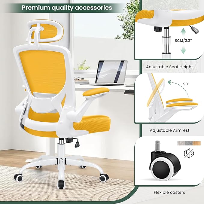 KERDOM Ergonomic Office Chair, Breathable Mesh Desk Chair, Lumbar Support Computer Chair with Headrest and Flip-up Arms, Swivel Task Chair, Adjustable Height Gaming Chair, Yellow - LeafyLoom