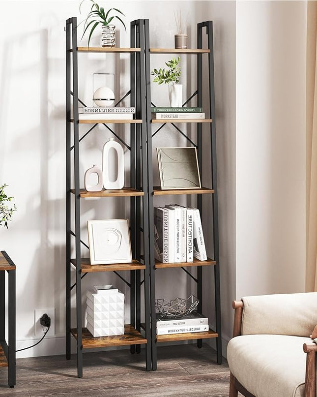 Ladder Shelf, Bookshelf Bookcase, Freestanding Corner Storage Shelve with 2 Hooks for Home Office, Living Room, Kitchen, Bedroom, Industrial, 5-Tier Rustic Brown BC03201B - LeafyLoom