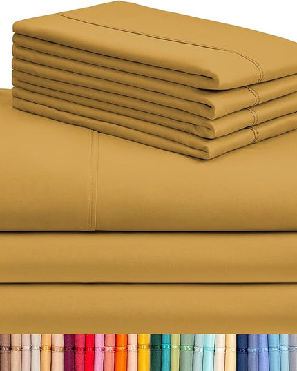 LuxClub 7 PC Split King Sheet Set, Breathable Luxury Bed Sheets, Deep Pockets 18" Eco Friendly Wrinkle Free Cooling Sheets Machine Washable Hotel Bedding Silky Soft - Medallion Gold Split King - LeafyLoom