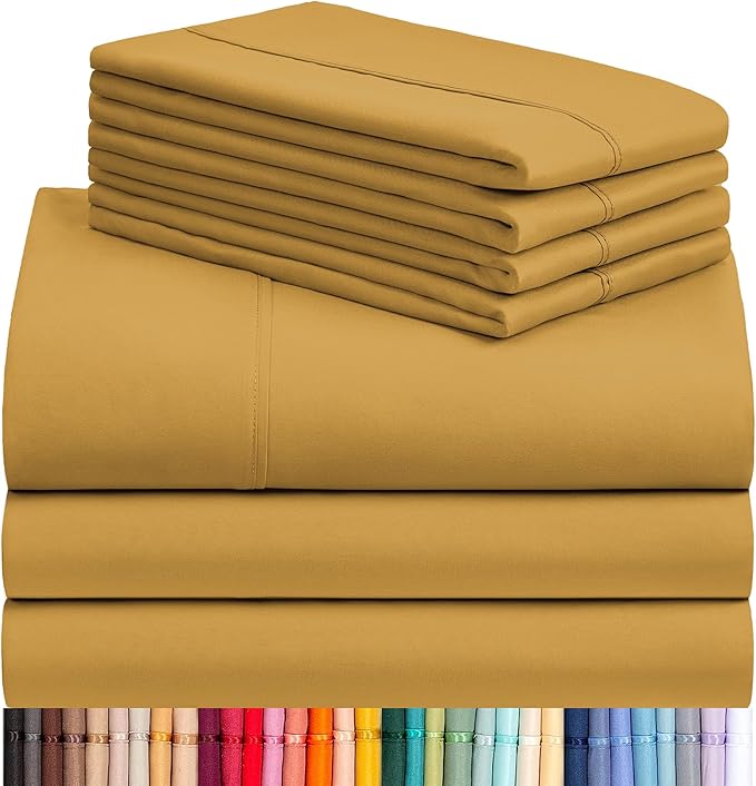 LuxClub 7 PC Split King Sheet Set, Breathable Luxury Bed Sheets, Deep Pockets 18" Eco Friendly Wrinkle Free Cooling Sheets Machine Washable Hotel Bedding Silky Soft - Medallion Gold Split King - LeafyLoom
