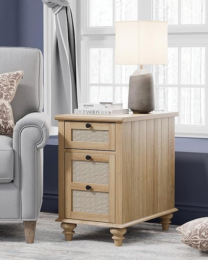 WAMPAT End Tables with Charging Station Set of 2, Rattan Side Table Farmhouse Nightstand with Drawer & Cabinet, Wooden Bedside Table with Power Outlets & USB Ports for Bedroom & Living Room, Burlywood - LeafyLoom