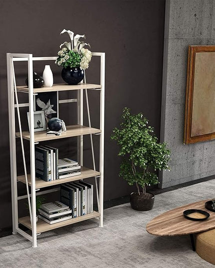 No-Assembly Folding Bookshelf Storage Shelves 4 Tiers Vintage Multifunctional Plant Flower Stand Storage Rack Shelves Bookcase for Home Office (White) - LeafyLoom