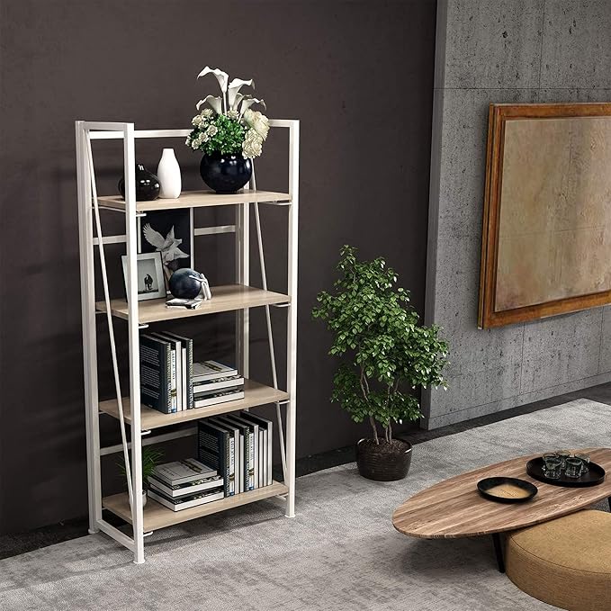 No-Assembly Folding Bookshelf Storage Shelves 4 Tiers Vintage Multifunctional Plant Flower Stand Storage Rack Shelves Bookcase for Home Office (White) - LeafyLoom