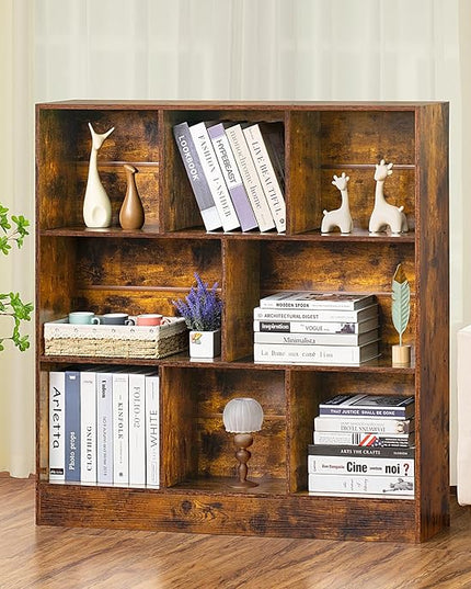LEYAOYAO 8 Cube Bookshelf with Base,3 Tier Mid-Century Modern Brown Bookcase,Standing Wide Bookshelves Storage Organizer Shelf,Rustic Wood Display Cabinet Book Shelves for Bedroom,Living Room,Office - LeafyLoom