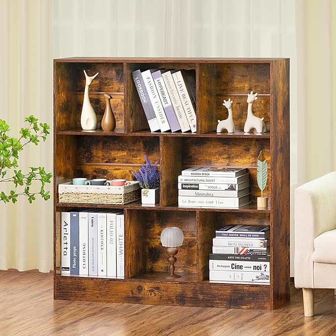 LEYAOYAO 8 Cube Bookshelf with Base,3 Tier Mid-Century Modern Brown Bookcase,Standing Wide Bookshelves Storage Organizer Shelf,Rustic Wood Display Cabinet Book Shelves for Bedroom,Living Room,Office - LeafyLoom