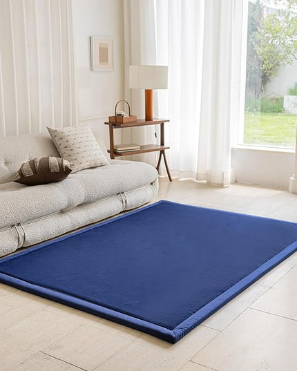 Faux Rabbit Fur Rug - 1.18" Thick Soft Fluffy Area Rug, Non-Slip Memory Foam Crawling Mat, Dark Blue, 59"x59" - LeafyLoom