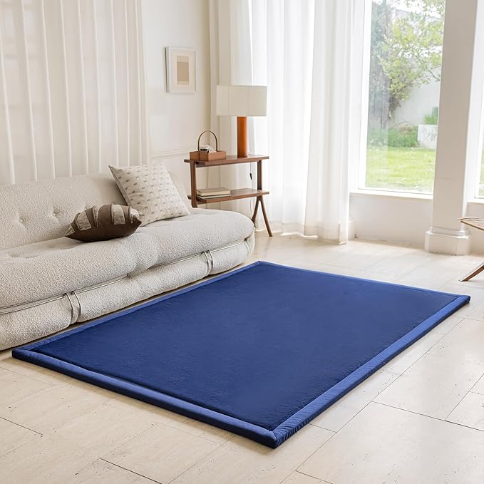 Faux Rabbit Fur Rug - 1.18" Thick Soft Fluffy Area Rug, Non-Slip Memory Foam Crawling Mat, Dark Blue, 78"x118" - LeafyLoom