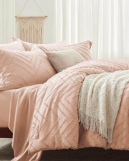 Anluoer Full Comforter Set, Pink Tufted Bed in a Bag 7 Pieces with comforters and sheets, All Season Bedding Sets with 1 Comforter, 2 PillowShams, 2 Pillowcases, 1 Flat Sheet, 1 Fitted Sheet - LeafyLoom