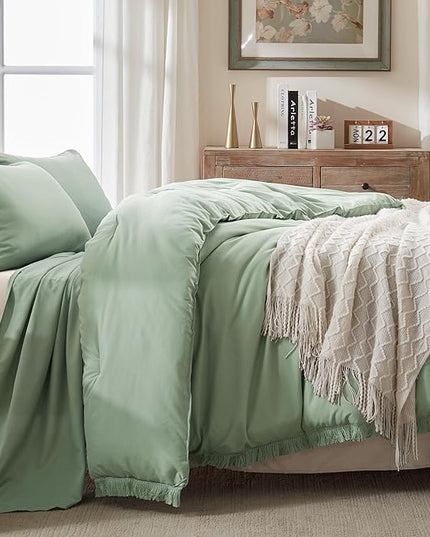 Andency Sage Green Tassel Comforter Set Full(79x90Inch), 3 Pieces(1 Fringe Comforter, 2 Pillowcases) Boho Farmhouse Shabby Chic , Microfiber Lightweight Bedding Set - LeafyLoom
