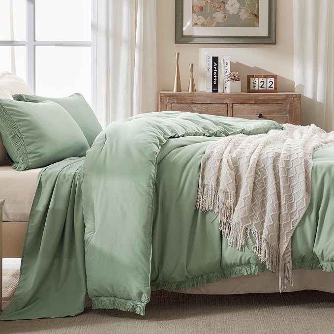 Andency Sage Green Tassel Comforter Set Full(79x90Inch), 3 Pieces(1 Fringe Comforter, 2 Pillowcases) Boho Farmhouse Shabby Chic , Microfiber Lightweight Bedding Set - LeafyLoom
