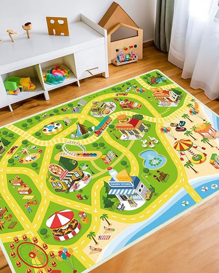 Kids Car Rug Play Mat for Playroom- 47"x 71" Non Slip Washable Kids Road Rug for Cars- Large Kids Educational Rug Ideal Gift for Toddler Classroom Boys Girls Bedroom Decor(Green) - LeafyLoom