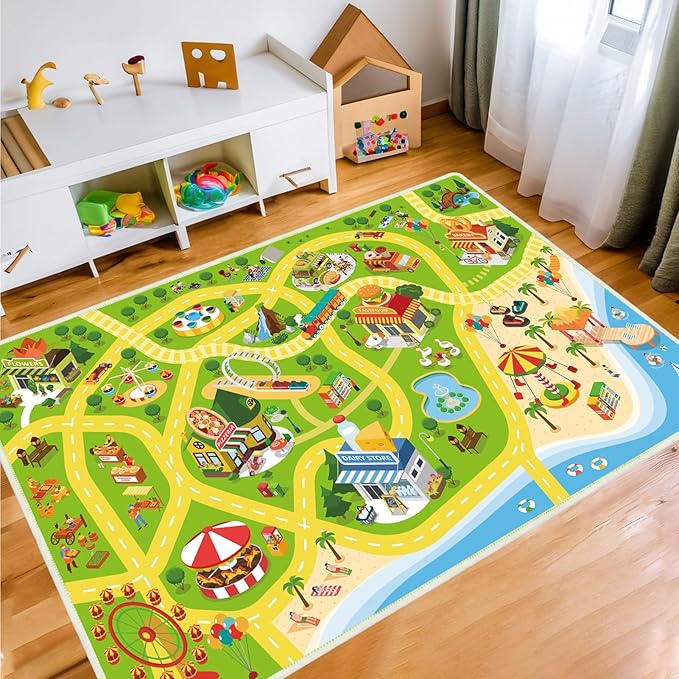 Kids Car Rug Play Mat for Playroom- 47"x 71" Non Slip Washable Kids Road Rug for Cars- Large Kids Educational Rug Ideal Gift for Toddler Classroom Boys Girls Bedroom Decor(Green) - LeafyLoom