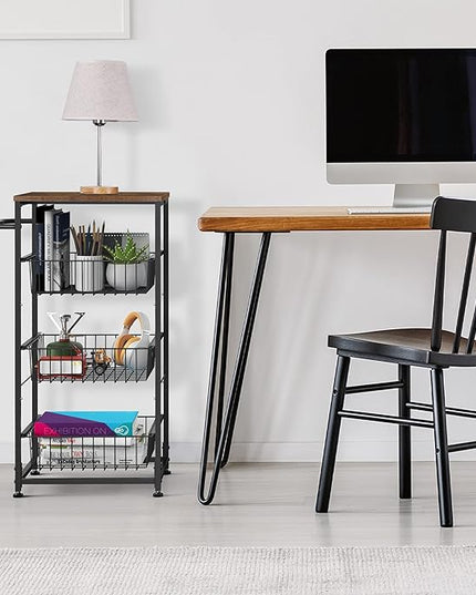 Kitchen Storage Cart on Wheels 4 Tier Utility Rolling Cart with Baskets Farmhouse Serving Cart with Handle Mesh Basket Pantry Cart Rack with Wooden Tabletop for Pantry Bathroom Office, Brown - LeafyLoom