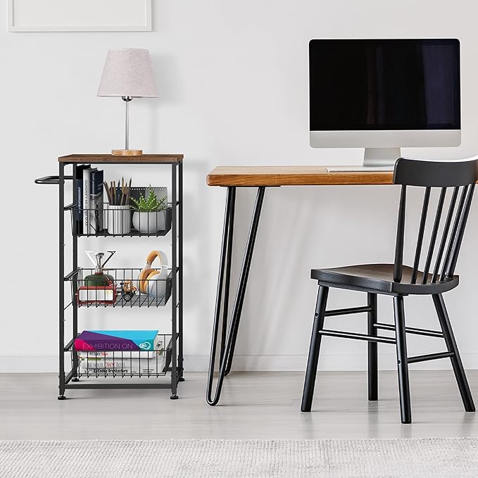 Kitchen Storage Cart on Wheels 4 Tier Utility Rolling Cart with Baskets Farmhouse Serving Cart with Handle Mesh Basket Pantry Cart Rack with Wooden Tabletop for Pantry Bathroom Office, Brown - LeafyLoom