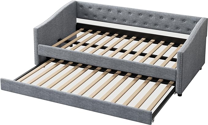 Twin Size Upholstered Daybed with Twin Size Trundle,Wood Sofa Bed Frame W/Button Tufted Back and Nailhead Decorated Waved Shape Arms,Slat Support,for Bedroom,Living Room,Apartment,Light Gray - LeafyLoom