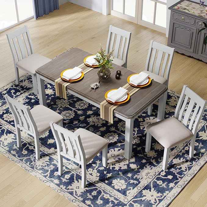 Kitchen Retro Style 7-Piece Dining Set with Extendable Table and 6 Upholstered Chairs, Brown+White - LeafyLoom