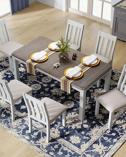 Dining Table Set for 6, 7-Piece Dining Table Set with Extendable Table and 6 Upholstered Chairs, Kitchen Table Set with Backrest for Dining Room, Living Room, Brown+White - LeafyLoom