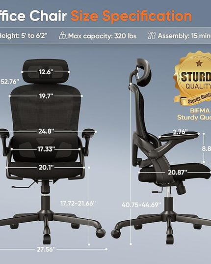 Ergonomic Office Chair, High Back Mesh Desk Chair with Adjustable Lumbar Support, 3D Flip-Up Arms, Headrest, Swivel Rolling Wheel, Big and Tall Comfy Wide Work Task Computer Gaming Chairs for Adults - LeafyLoom