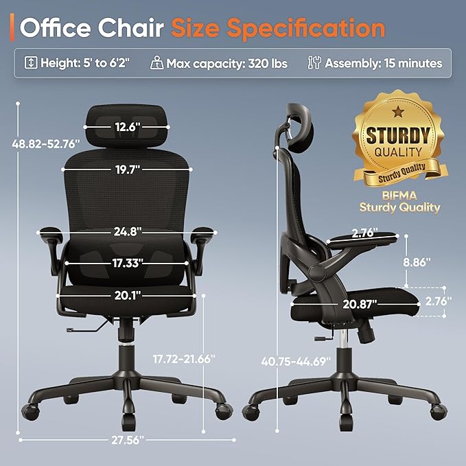 Ergonomic Office Chair, High Back Mesh Desk Chair with Adjustable Lumbar Support, 3D Flip-Up Arms, Headrest, Swivel Rolling Wheel, Big and Tall Comfy Wide Work Task Computer Gaming Chairs for Adults - LeafyLoom