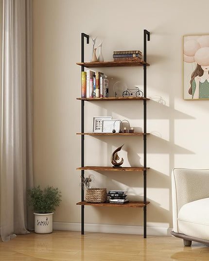 Panana Industrial 5 Tier Ladder Shelf, Open Space Book Shelf Wall Mount Bookshelf with Metal Frame Sturdy Bookcase for Living Room (Brown, 5 Tier) - LeafyLoom