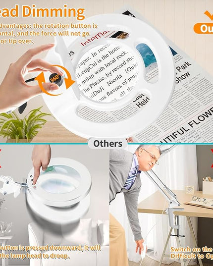 HITTI 10X Long Magnifying Glass with Light and Stand, 2200 Lumens Dimmable Bright Workbench Light, Ajustable Swing Arm LED Lighted Magnifier, Magnifying Lamp with Clamp for Hobby Repair Craft - White - LeafyLoom