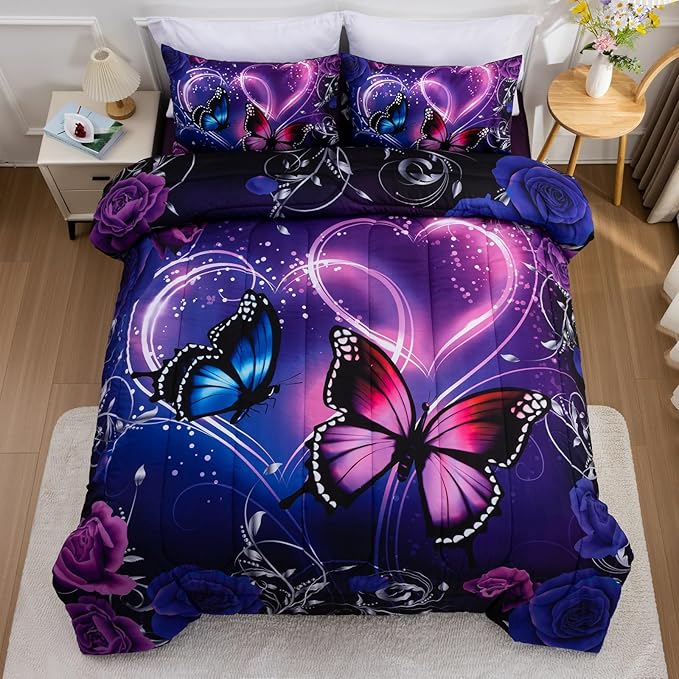 A Nice Night Galaxy 6pcs Bed in A Bag Purple and Blue Dreamy 3D Butterfly Printed, Butterflies Bedding Queen Comforter Set, for Girls Kids Teens - LeafyLoom