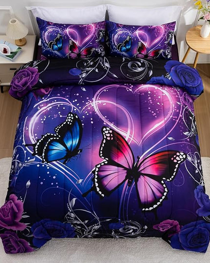 A Nice Night Galaxy 6pcs Bed in a Bag Purple and Blue Dreamy 3D Butterfly Printed, Butterflies Bedding Full Comforter Set, for Girls Kids Teens - LeafyLoom