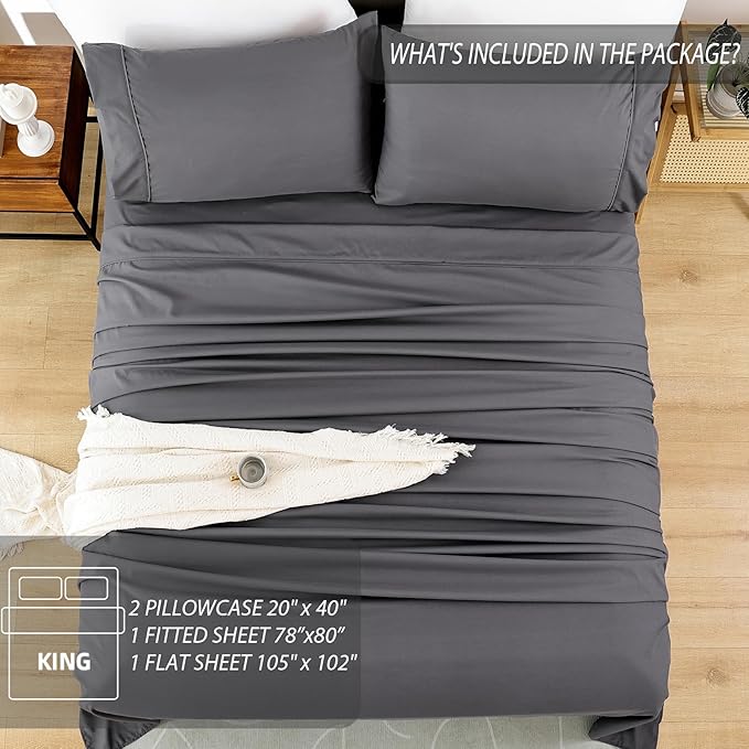 Whitney Home Textile King Sheet Set - 4 Piece Luxury Cooling Bed Sheets for King Size Bed, Silky Soft Sheets 16" Deep Pocket, Hotel Bedding Sheets and Pillowcases, Wrinkle Free Oeko-Tex Sheets - LeafyLoom