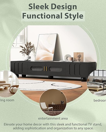 Merax Modern TV Stand for Televisions up to 80 Inches, Entertainment Center with Glass Door, 2 Drawers Wood Storage Cabinet with Solid Legs and Metal Handles for Living Room, 70.90" Length, Black - LeafyLoom