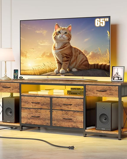 LED TV Stand with Power Outlet and 6 Fabric Drawers for 55 60 65 Inch TVs, Entertainment Center with Media Console and Open Storage Shelves, Dresser TV Stand for Bedroom/Living Room,Brown - LeafyLoom