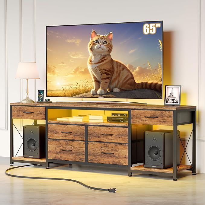 LED TV Stand with Power Outlet and 6 Fabric Drawers for 55 60 65 Inch TVs, Entertainment Center with Media Console and Open Storage Shelves, Dresser TV Stand for Bedroom/Living Room,Brown - LeafyLoom