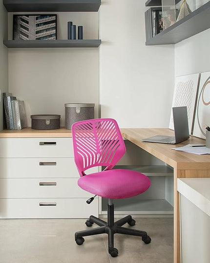 Yaheetech Students Cute Desk Chair Low-Back Armless Study Chair w/Lumbar Support Adjustable Swivel Chair in Home Bedroom School, Rose Red - LeafyLoom