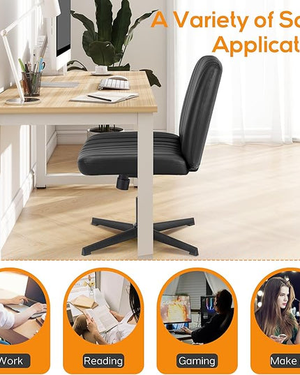 Criss Cross Chair, Cross Legged Office Chair, Wide Comfty Desk Chair, No Wheels Armless Computer Task Chair, Swivel Vanity Home Chair, Height Adjustable - LeafyLoom
