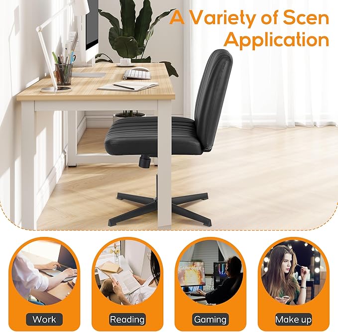 Criss Cross Chair, Cross Legged Office Chair, Wide Comfty Desk Chair, No Wheels Armless Computer Task Chair, Swivel Vanity Home Chair, Height Adjustable - LeafyLoom
