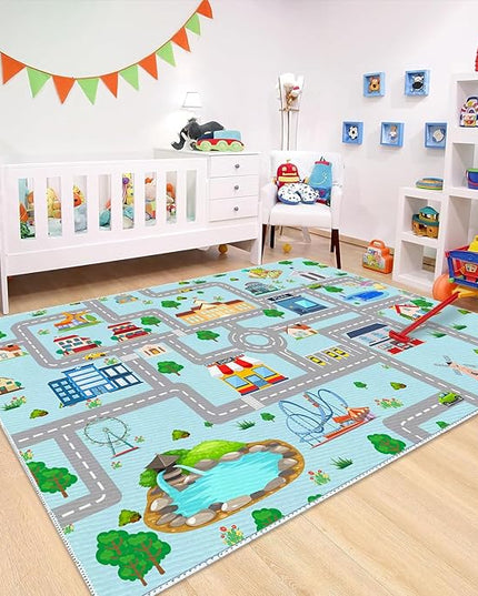 Kids Car Rug, 6x9 City Life Traffic Road Playmat for Toy Cars Trains, Non-Slip Race Track Carpet Educational Fun Area Rugs for Boy and Girl Bedroom Nursery - LeafyLoom