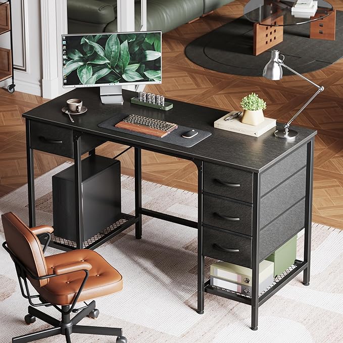 47 Inch Computer Desk with 4 Drawers, Office Desk with Mesh Shelf, Gaming Desk, Large Storage, Writing Desk Work Desk for Home Office, Study, Bedroom, Work from Home, Black - LeafyLoom