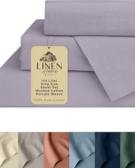 Linen Home Washed Cotton Percale King Sheet Set, Iris Lilac, Deep Pocket, 4 Pieces Bed Sheets - 1 Flat Sheet, 1 Fitted Sheet & 2 Envelope Closure Pillowcases, Cool and Comfortable Bed Linen - LeafyLoom