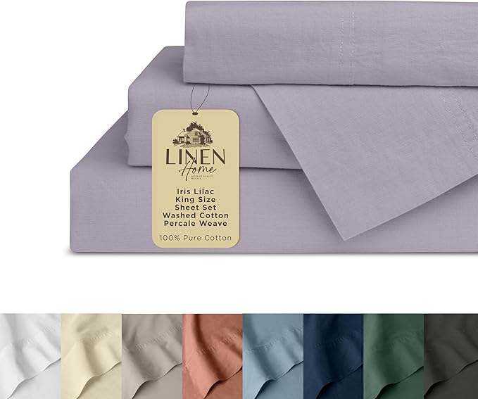 Linen Home Washed Cotton Percale King Sheet Set, Iris Lilac, Deep Pocket, 4 Pieces Bed Sheets - 1 Flat Sheet, 1 Fitted Sheet & 2 Envelope Closure Pillowcases, Cool and Comfortable Bed Linen - LeafyLoom