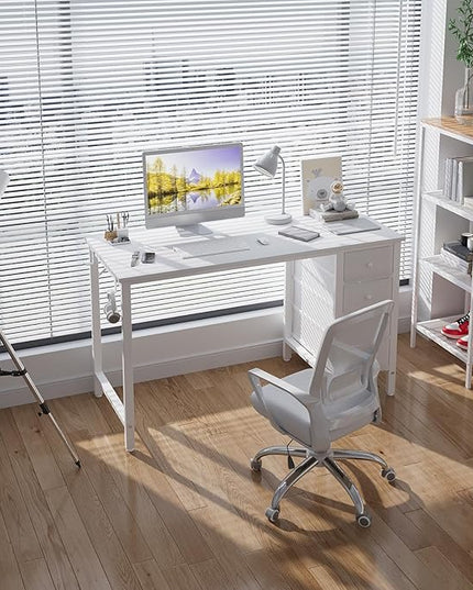 Lufeiya White Computer Desk with Drawers - 47 Inch Study Work Writing Desk for Home Office Bedroom, Simple Modern Cute PC Desks with Fabric Drawer, White - LeafyLoom