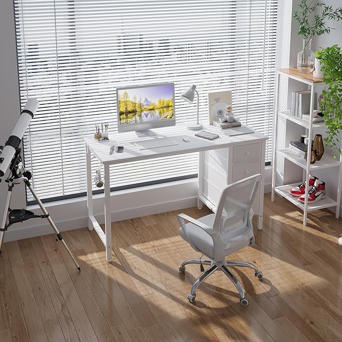 Lufeiya White Computer Desk with Drawers - 47 Inch Study Work Writing Desk for Home Office Bedroom, Simple Modern Cute PC Desks with Fabric Drawer, White - LeafyLoom