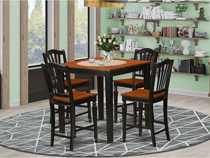 East West Furniture PBCH5-BLK-W Pub 5 Piece Kitchen Counter Height Set Includes a Square Dining Room Table and 4 Wooden Seat Chairs, 36x36 Inch, Black & Cherry - LeafyLoom
