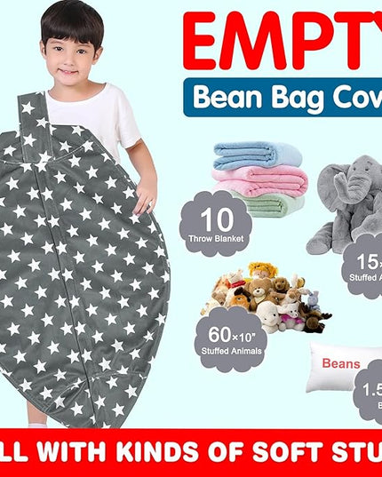 Lukeight Stuffed Animal Storage Bean Bag Chair Cover for Kids, Zipper Beanbag Chair Cover for Organizing Toddler & Kids' Rooms Plush Toys (Stars Gray Velvet, Large) - LeafyLoom