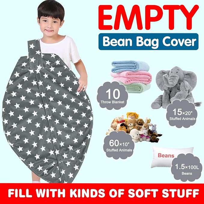 Lukeight Stuffed Animal Storage Bean Bag Chair Cover for Kids, Zipper Beanbag Chair Cover for Organizing Toddler & Kids' Rooms Plush Toys (Stars Gray Velvet, Large) - LeafyLoom