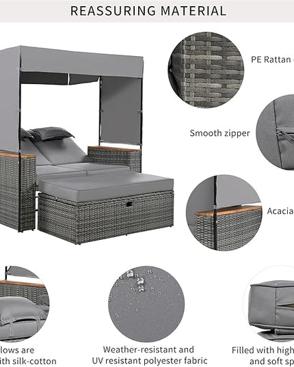 Outdoor Conversation, 2-Piece Patio Bench Rattan Roof Set, Effective UV Protection Waterproof Cushions and Adjustable Backrest for Garden, Backyard and Porch, Zg-Grey Wicker + Grey Fabric - LeafyLoom