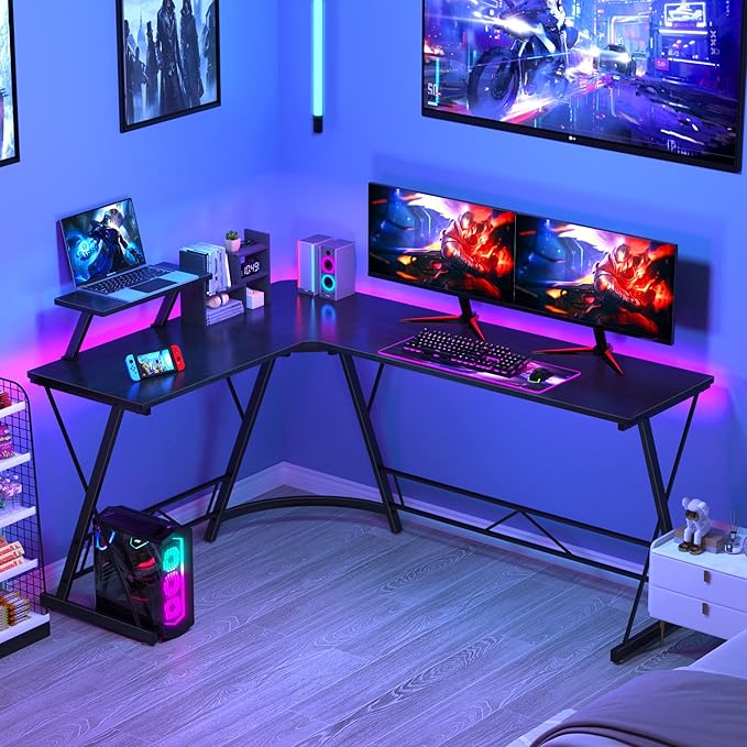 Mr IRONSTONE 63" L Shaped Computer Desk, Corner Desk, Home Office Desk, Gaming Writing Workstation with Large Monitor Stand, Easy to Assemble, Black Willow - LeafyLoom