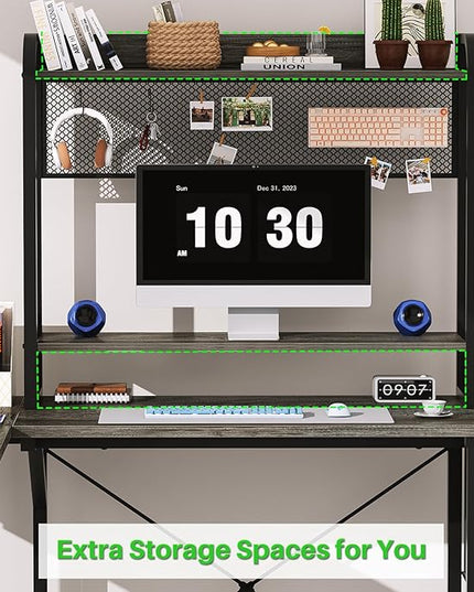 Small L Shaped Gaming Desk with Power Outlets, Corner Gaming Desk with LED Light, Reversible L-Shaped Desk with Monitor Stand & Hutch, L Shaped Desk Home Office Desk with Storage Bag, Grey - LeafyLoom